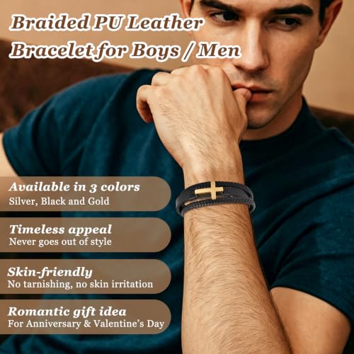 Men's Bracelets, 21cm Multi-Layer Braided PU Leather Bracelet Mann Cross - Gold
