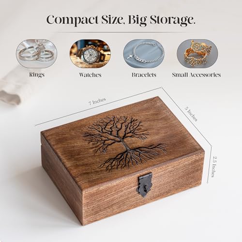 Handmade Mango Wood Tree of Life Jewelry Box, 7x5 inch Hand Carved Keepsake Box & Organizer, Unique Gift for Men & Women (Mystic Tree of Life) Mystic Tree of Life