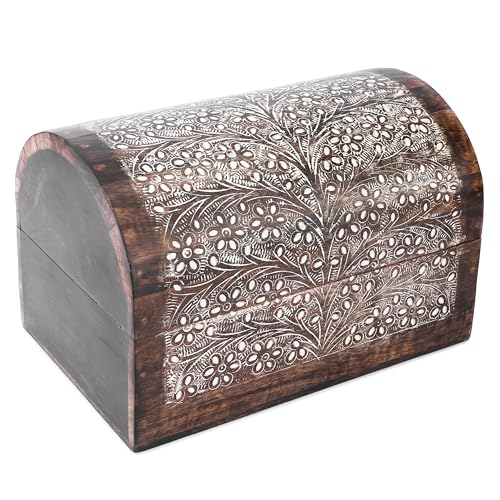 Ajuny Wooden Keepsake Jewelry Box Floral Pattern Storage Chest 9x6 Inch White Flower