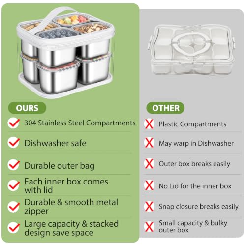 Snackle Box Container, 8 Stainless Steel Compartments with Individual Lids 8 Compartment(8.5"L x 6.6"W x 5.6"H)