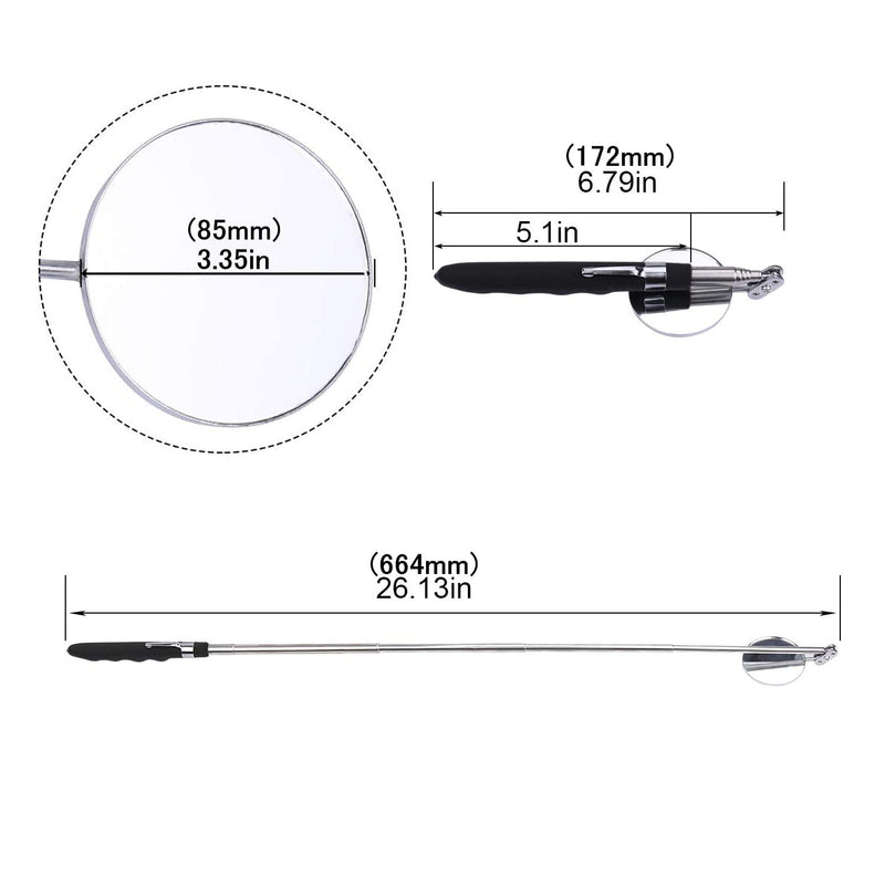 [Australia - AusPower] - Inspection Mirror telescoping with Light Round Mirror Square Mirror Inspection Tool for Checking Vehicle, Observing Eyelashes Mouth and Other Small Parts Extended 