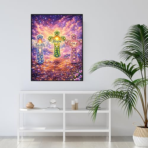 Yikenjoy Faith Hope Love 5D Diamond Painting Kit for Adults, Christian Religious Cross DIY Full Drill Gem Art, Inspirational Spiritual Wall Decor & Gifts, 16x12 Inch