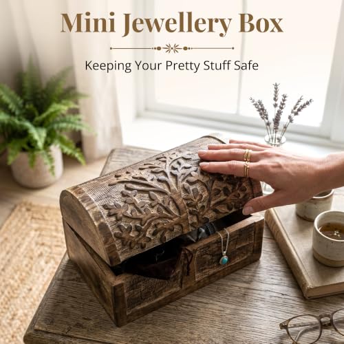 Premium Handmade Wooden Treasure Chest Decorative Trunk for Keepsakes Semicircular Curved Floral Jewellery Box Trinket Box Ladies Jewellery Storage Case Handcrafted Home Decor (Plain Tree) Plain tree