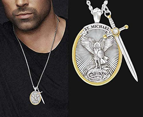The Archangel Saint Michael/Oval Medal Necklace Protection Prayer Pendant Necklace Seal Solid with A Sword Pendant Necklace -1PCS
