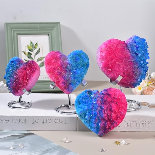 JIC Gem Red Blue Titanium Coated Large Heart Crystal Cluster Geode Healing Crystals Heart Shaped Rocks with Crystal Display Stand Home Decor Reiki Meditation 3.14-3.54 inch Bluepink