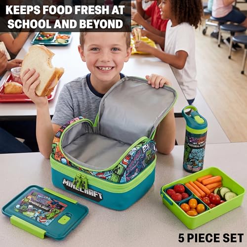 Get Trend Minecraft Kids Lunch Box 3 Pc Set with Insulated Lunch Bag, Bento Box with Two Mini Pots & 20 fl oz Water Bottle with Straw for School, Picnic, Creeper Gamer Gifts for Boys (Multi Minecraft) Multi Minecraft