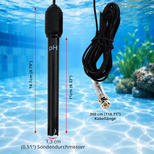 Long Body pH Electrode with BNC Socket Probe 300 cm Cable 0-14pH for pH Meter, pH Regulator pH Device Economical Sensor Long tube