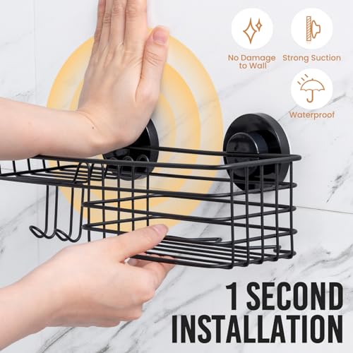 LEVERLOC Shower Caddy Suction Cup, 2 Pack Shower Shelves for Inside Shower with Hooks & Soap Holder, NO-Drilling Bathroom Shower Organizer, Rustproof Meatl Shower Holder Storage, Black 1 Medium & 1 Large