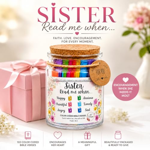 Read Me When Bible Verse Jar for Sister – Scripture Cards with Bible Verses, Christian Gifts for Women, Religious Gifts for Women, Prayer Cards, Bible Verse Jar