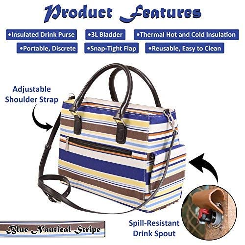 Primeware Insulated Drink Purse w/ 3L Bladder Bag | Thermal Hot and Cold Storage | Portable Drinking Dispenser for Wine, Cocktails, Beer, Alcohol | PU Leather Finish (Blue Nautical Stripe) Blue Nautical Stripe