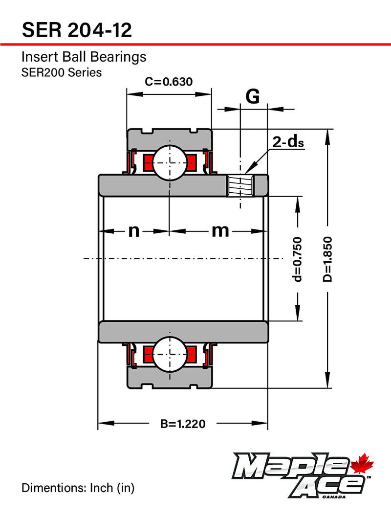 [Australia - AusPower] - MAPLE ACE SER204-12, ER12 Insert Bearing 3/4" Bore, Cylindrical OD with Snap Ring and Set Screws 1 