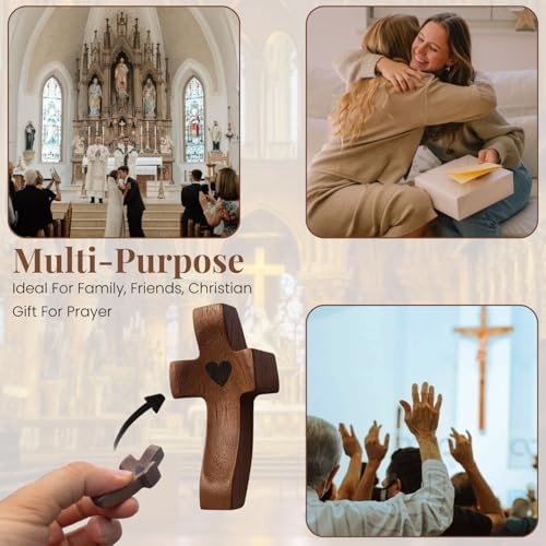 Wooden Cross Fidget My Heart with Organza Bags, Pocket Cross (5pcs) Walnut 5 Pcs