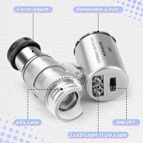 Jeweler's Magnifying Glass 60X with Light Mini Microscope, Pocket Microscope Gemstone Magnifier | Magnifying glass with LED/UV for close work, jewelry, coins, stamps, light trichome magnifying glass, mobile phone microscope
