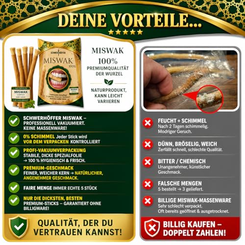 100% Miswak Toothbrush (Pack of 5) - Natural Miswaks without Fluoride - Miswakstick Siwak for White Teeth & Oral Care Includes Bag