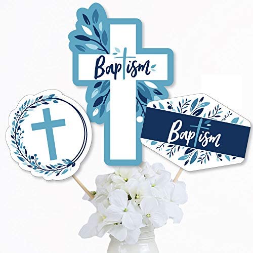 Baptism Blue Elegant Cross Party Centerpiece Sticks - Table Toppers - 15pc