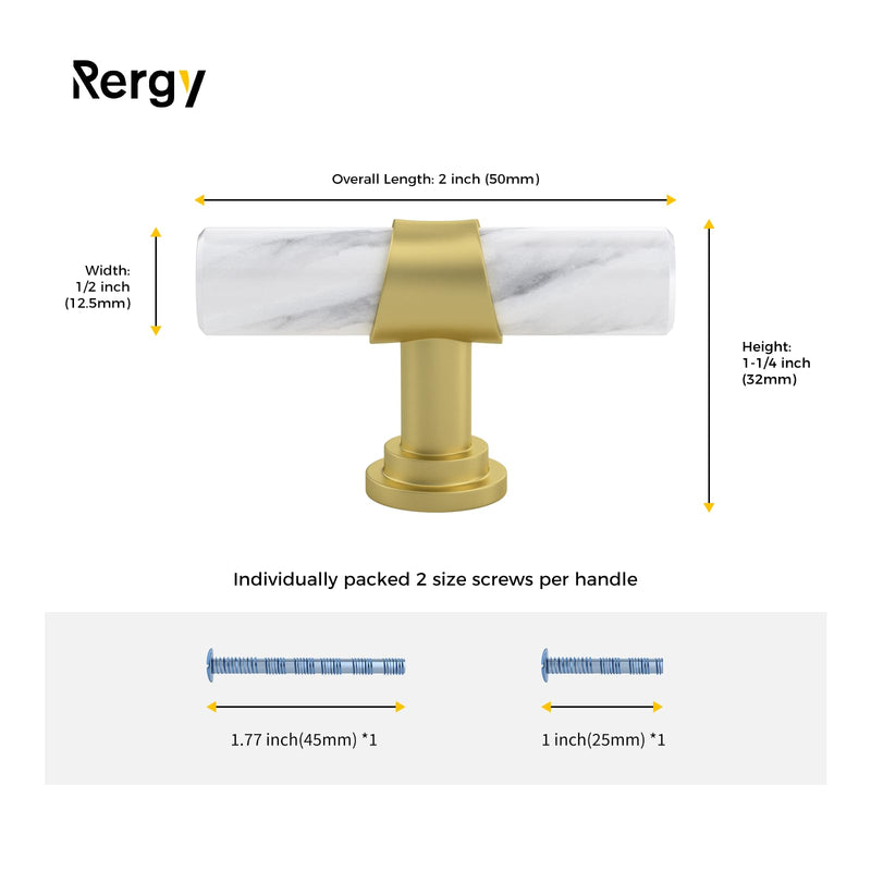 Rergy Cabinet Handles Marble Drawer Pulls and Knobs, 10Pack White Marble & Matte Gold Single Hole, T-Bar Hardware for Kitchen Dresser Zinc Alloy Furniture 10
