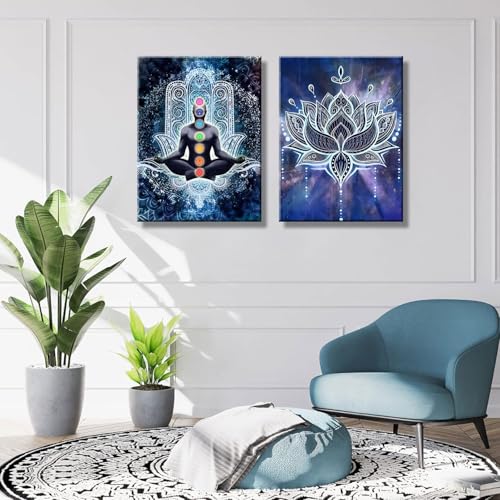 2 Pcs Framed Spiritual Canvas Wall Art Mural Chakra Meditation Poster Lotus Mandala Printed Zen Yoga Artwork Used Mindfulness Therapy Posters Bohemian Picture Home Decoration Gallery Wrapping 12X16Inch Blue Yoga Meditation