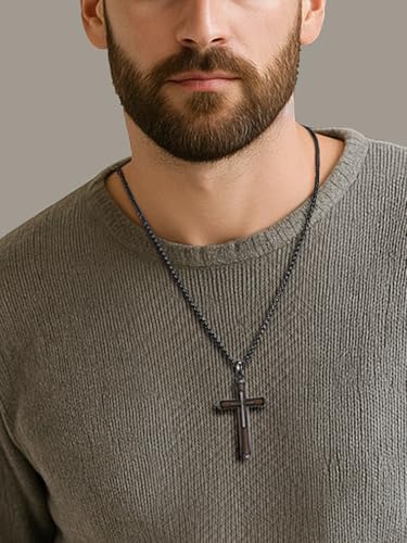 NORBU Wooden Cross Necklace for Men, Black Natural Wood Cross Pendant Grey black Style D