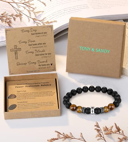 TONY & SANDY Christian Gift for Him Kids Teen Boys Adults Men Cross Bracelet Son Grandson Birthday Graduation Easter Religious Gifts for Men Christmas Christian Men ( 8 Inches )