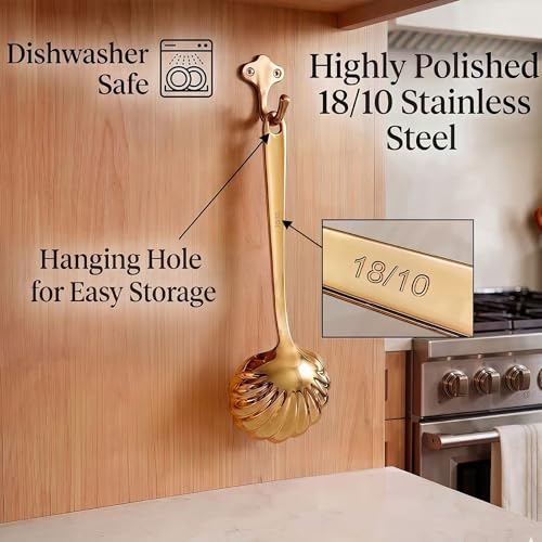 Gold Soup Ladle Set of 2, Premium 18/10 Stainless Steel Sauce Ladle with Artistic Shell-Shaped Design, 9-Inch Small Ladle for Serving Soup, Gravy and Sauce, Mirror Polished, Dishwasher Safe Serving Soup Spoon(Gold)