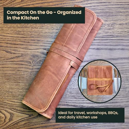 Caramel brown leather knife roll bag by OMBUO, professional chef's knife case with multiple compartments for safe, organized storage.