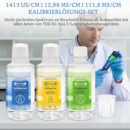 TDS and EC Calibration Solution Kit 250ml 3 Solutions (1413µS/cm, 12.88mS/cm, 111.8mS/cm) High Precision Buffer Solutions for Conductivity and TDS Meters