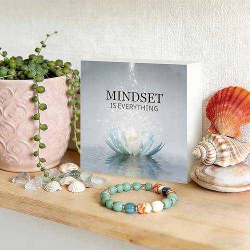 Mindset Is Everything Inspirational Wooden Box Sign 5x5 Inch, Lotus Flower Spiritual Meditation Decorative Wood Signs for Zen Room Yoga Studio Home Office Desk Tabletop Shelf Decorations Wooden Box Sign C