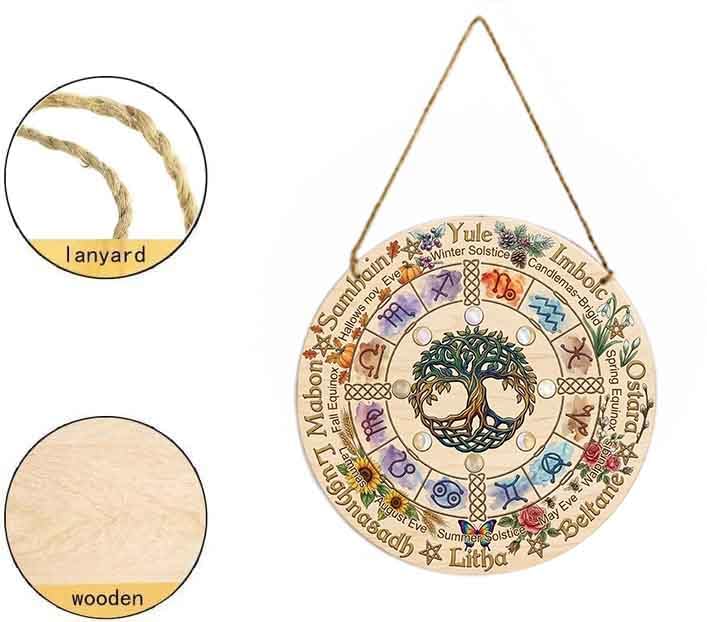 Wooden Wheel of the Year Door Sign - 12 Inch Pagan Calendar Wall Hanging - Celtic Seasons & Sabbats Decor - Witchy Spiritual Gifts, Wiccan Home Accessory for Altar, Porch, or Garden Wheel Year