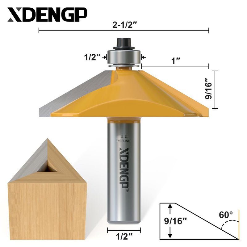 [Australia - AusPower] - 60 Degree Chamfer Router Bit with 9/16 Inch Cutting Length,1/2 Inch shank Carbide Edge Forming Bevel Router Bit with Bearing, Chamfer Bit Miter Angle Milling Cutters Tool 1/2 Shank 60° - 9/16" Length - 1/2" Shank 