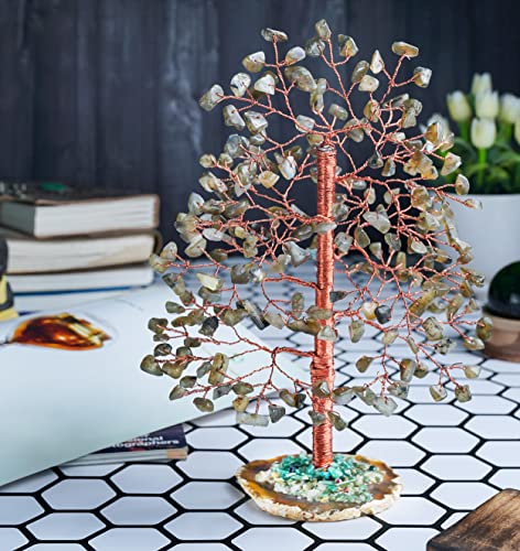 Crocon® Labradorite Crystal Tree of Life Gemstone Tree, Agate Slice Base Labradorite (Copper Wire)
