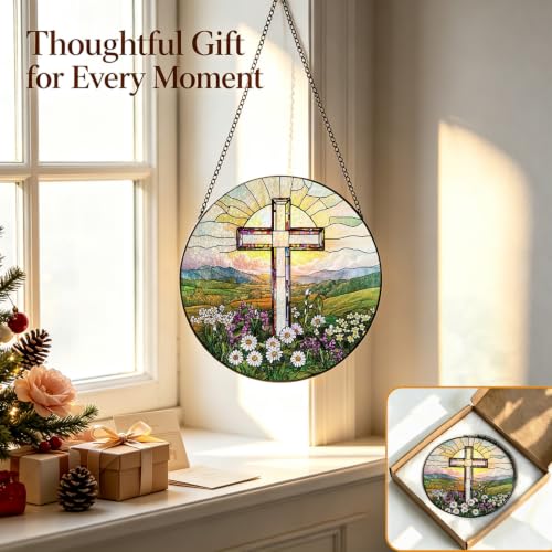 Cross Decor Suncatcher, Christian Stained Glass Window Hanging, 8 Inch Cross Wildflowers Sun Catchers Indoor Window Decorations, Suncatchers for Windows Hanging, Religious Home Decor Cross Stained Glass