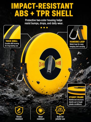 Tape Measure 50 m, Capsule Tape Measure with ABS Plastic Casing, Tape Measure Fibreglass Imperial and Metric, Double-Sided Scale, for Measuring Road, Railway, Electrical Engineering