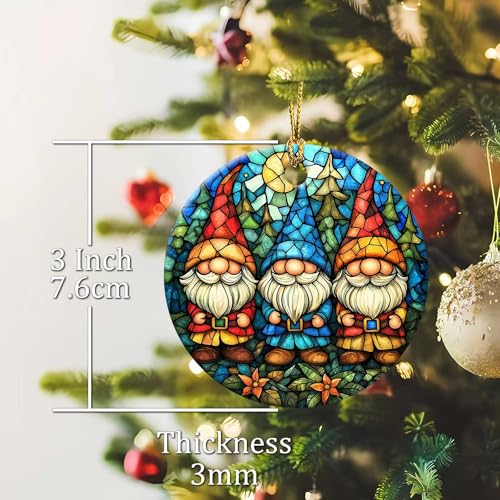 Christmas Gnome Ornament Round Ceramic Stained Glass Style Ornament Xmas Keepsake for Christmas Tree Winter Holiday Xmas Gift for Women Men Xmas Hanging Ornament 3" Christmas Gnome #H039
