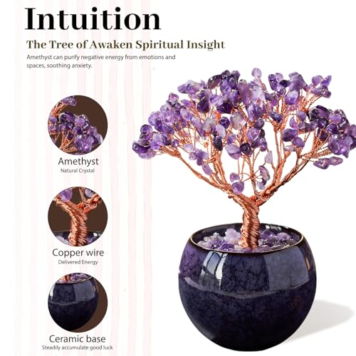 Runyangshi Amethyst Crystal Tree, Natural Tree of Life Gemstone Tree Handcrafted Crystal Gravel Ornament, Spiritual Feng Shui Home Decor, Luck Prosperity Abundance Gift for Women Purple