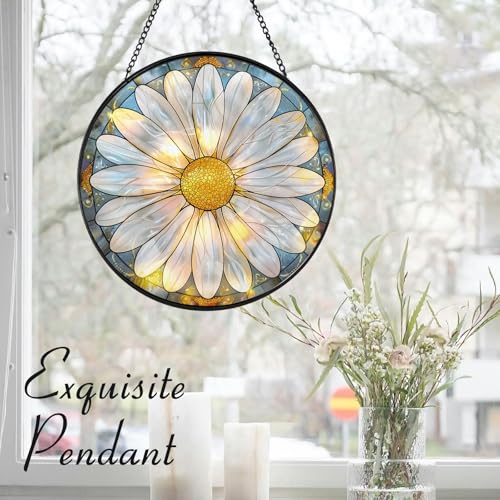 Radiant Daisy Flower Suncatcher -7.9 in Stained Glass Window Hanging Sun Catcher Garden Decor Gold
