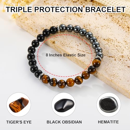 Gnamy Healing Crystal Bracelet Gifts for Men, Triple Protection Hematite Black Obsidian Tiger Eye Gemstone Beaded Bracelets Birthday Healing Jewelry Gifts Black-7