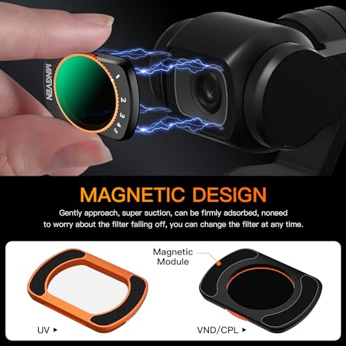 Magnetic Adjustable ND Filters Set for DJI Osmo Pocket 4/Pocket 3/Xtra Muse Camera Accessories, Adjustable ND Filters 1-5 Stops + 6-9 Stops - 4 Pack (CPL, UV, VND2-32 VND64-512) CPL + UV + VND Filters