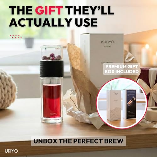 Ukiyo Sense Premium Double-Wall Glass Tea & Fruit Infuser Bottle - Travel Tumbler with Stainless Steel Filter and Neoprene Sleeve Black