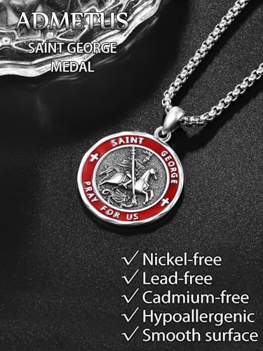 ADMETUS Sterling Silver St George Necklace for Men Red Enamel Saint George and Dragon Medal Amult Pendant Protection Jewelry Religious Gifts