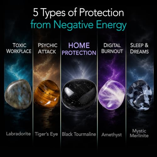 Enchanted LION® Ultra-Premium Ethically Sourced Protection Crystal Set, for Shielding and Peace, Black Tourmaline, Labradorite, Amethyst, Tiger's Eye, Quartz Wand & 3-Minute Ritual Cards + Gift Box