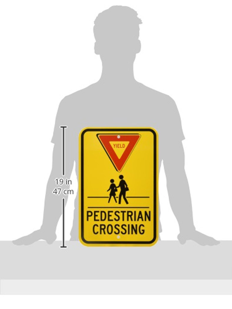 Brady 124399 Traffic Control Sign, Legend "Yield Pedestrian Crossing", 18" Height, 12" Width, Black and Red on Yellow