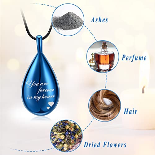 Urn Pendant Necklace Teardrop Cremation Jewelry for Ashes Memorial Keepsake for Women Jewelry Funeral Ashes Holder Collarbone Necklace You are forever in my heart Blue