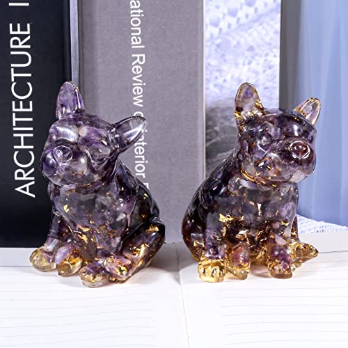 Amogeeli Healing Orgone Crystal French Bulldog Figurine Decoration, Pocket Stone Dog Statue for Shelf Desk Office, Amethyst