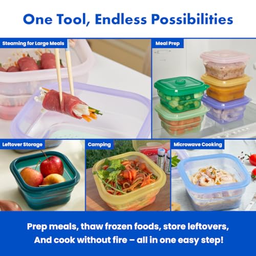 PushLock Collapsible Food Storage Container&Smart Cooking Steam Tray, Space-Saving, Platinum Silicone, Microwave&Freezer&Dishwasher Safe, for Cooking&Leftovers, BPA-Free, 60oz per Unit (NAVY&OLIVE) NAVY&OLIVE