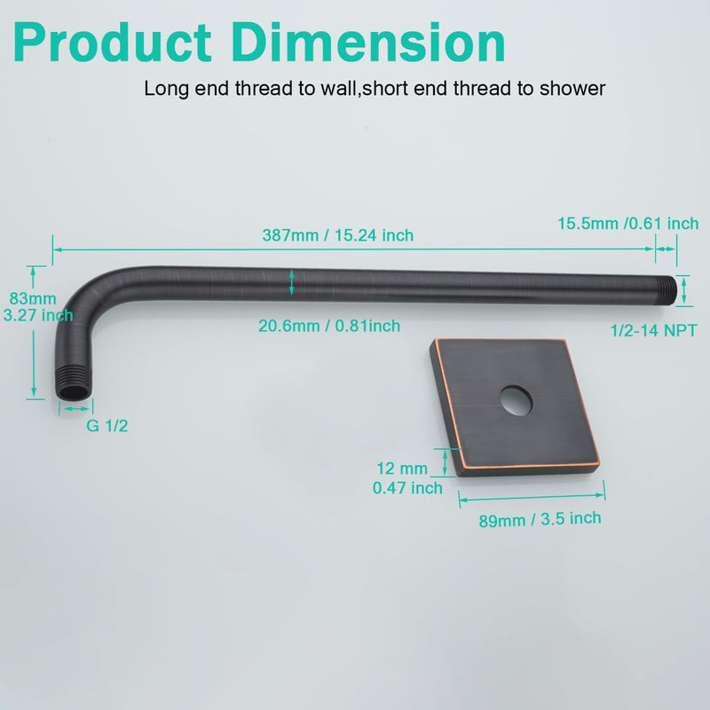 Shower Arm with Flange, 16 in Stainless Steel Shower Arm Extension Wall-Mounted For Fixed Shower Head,Rain Shower Head Extender,Oil Rubbed Bronze,SE-91018-16-ORB-SQ ﻿ Large Square Flange-16″Oil Rubbed Bronze