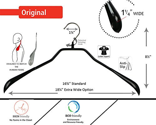 Mawa by Reston Lloyd BodyForm Series Non-Slip Space-Saving Extra Wide Clothes Hanger For Jackets, Suits & Coats, Style 46/L, Set of 5, Black Pack of 5
