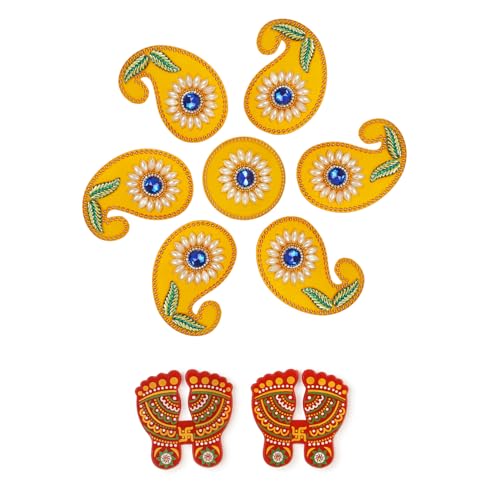 Yellow Paisley Acrylic Rangoli Set with Laxmi Charan Pagla – Traditional Handmade Rangoli Sticker for Home, Diwali, Wedding, Pooja & Housewarming Décor – 10 x 10 Inch