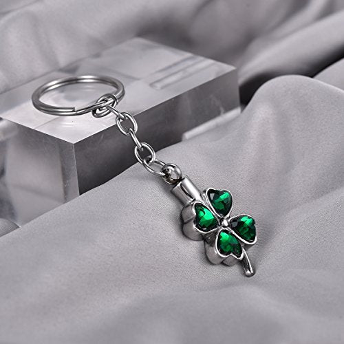 Memorial Keychain Crystal Four Leaf Clover Stainless Steel Urn for Ashes Cremation Pendant