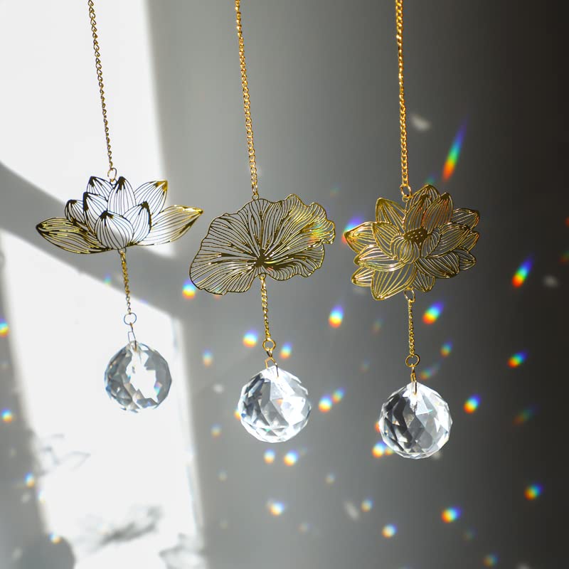 Lotus Leaf Crystal Suncatcher Prism Pendant Window Hanging Decor Gold&clear-3pcs