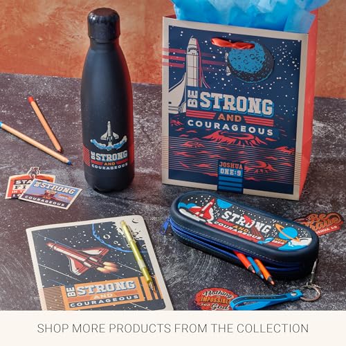 Christian Art Gifts Slim Stainless Steel Water Bottle For Boys: Strong & Courageous Inspirational Scripture, Double Wall Vacuum Insulated, Navy Blue Space Design, 17 oz. Navy Blue/Strong & Courageous
